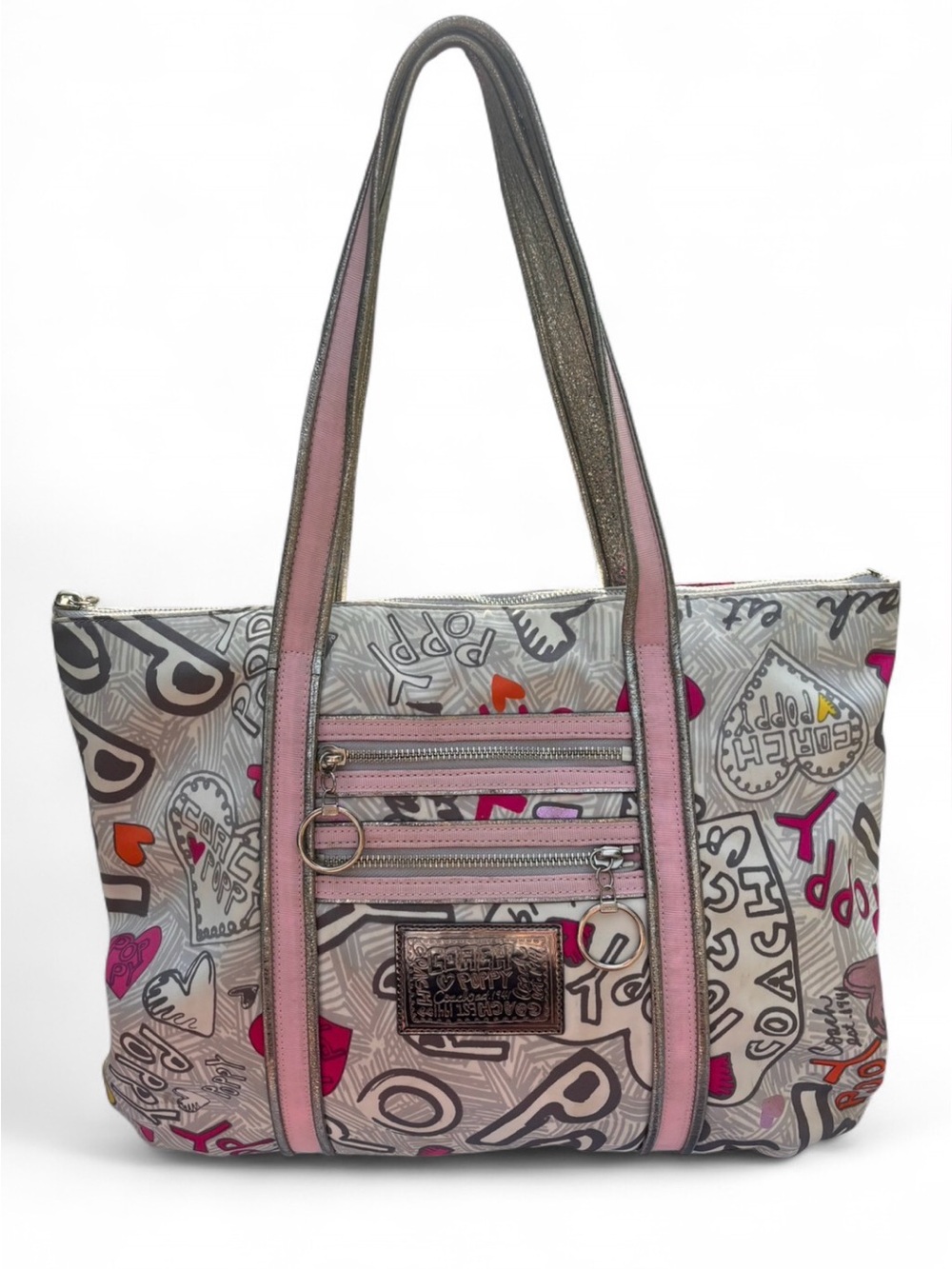 COACH POPPY GRAFFITI HEARTS GLAM TOTE BAG (silver & pink colorway)